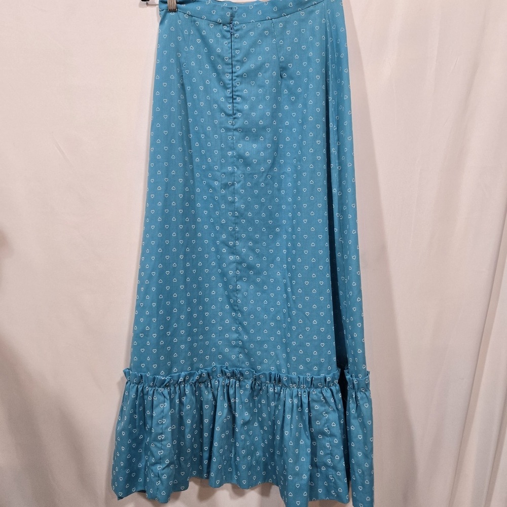 Women's Small Blue Heart Print Maxi Skirt Cottagecore Ruffle Hem 27" Waist - Picture 2 of 5